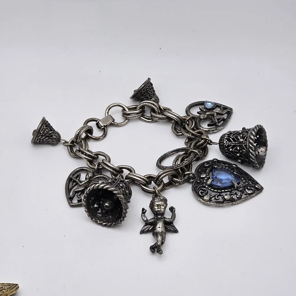 Vintage Blue Rhinestone Bell Cupid Ring Wedding Charm Bracelet Silver Tone